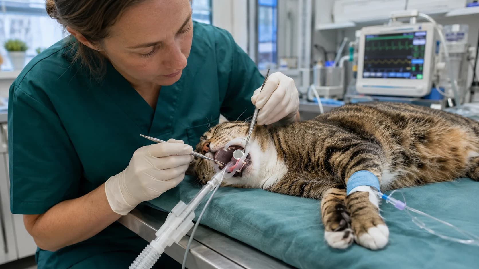 Katt får tandrengöring under övervakad narkos.