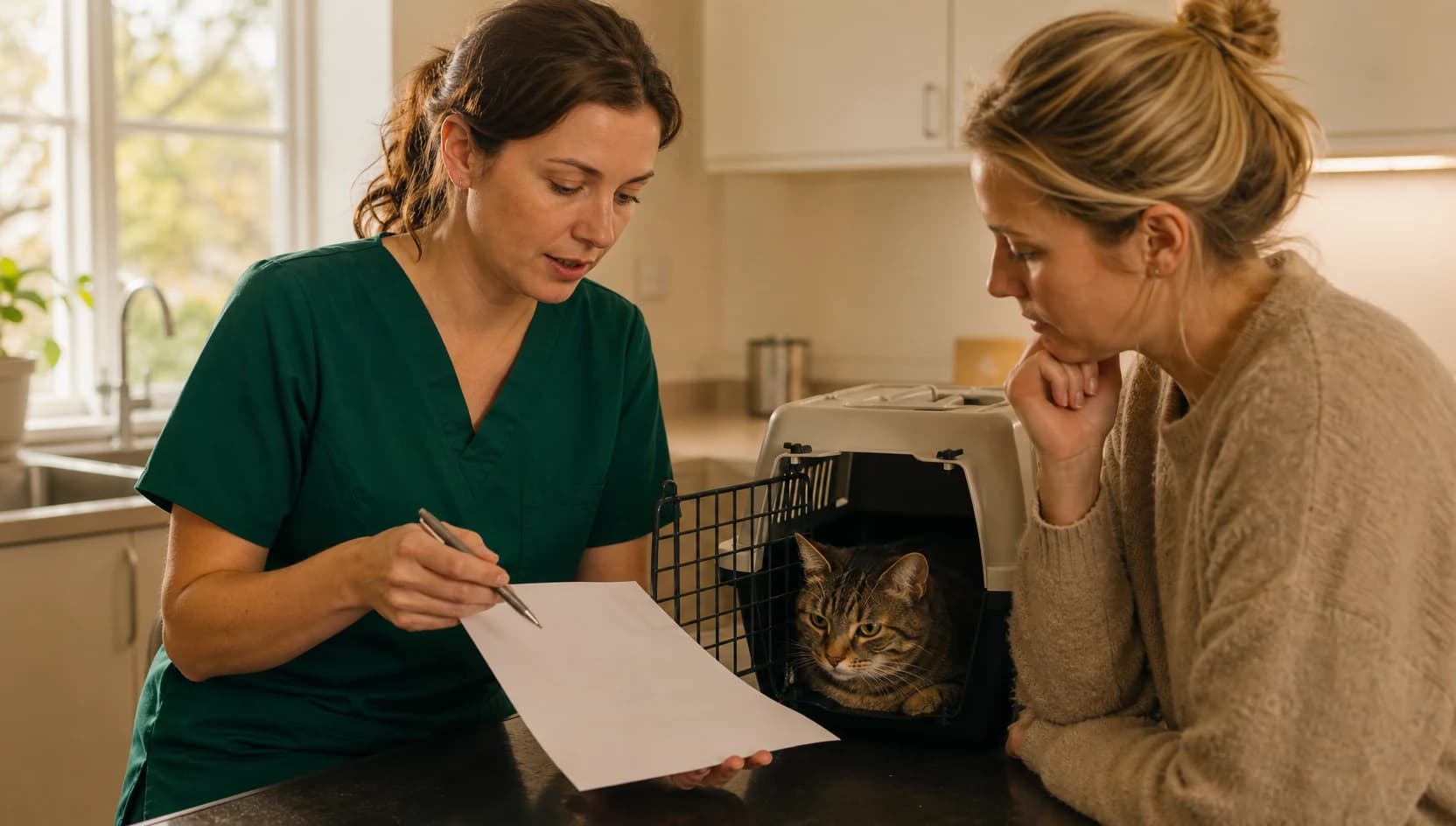 Veterinär i mörkgröna scrubs förklarar pris och tandröntgen inför tandrengöring av katt.