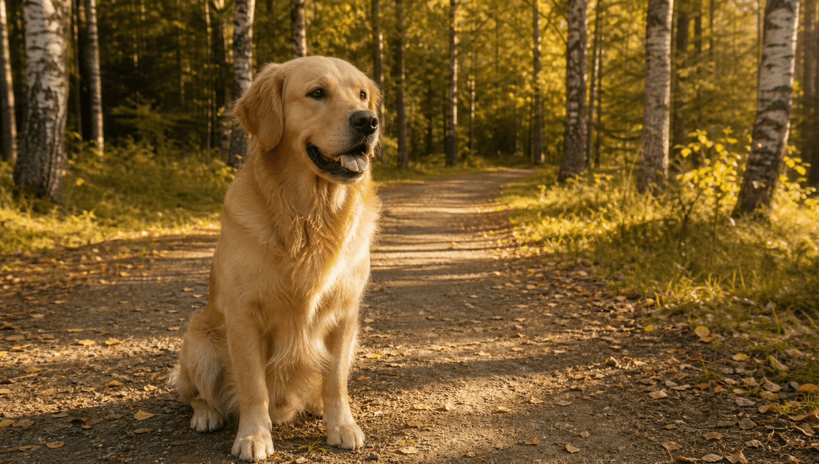 Glad golden retriever sitter ensam på en svensk skogsstig i gyllene timme med munnen lätt öppen i en avslappnad flås — rena vita tänder syns tydligt.