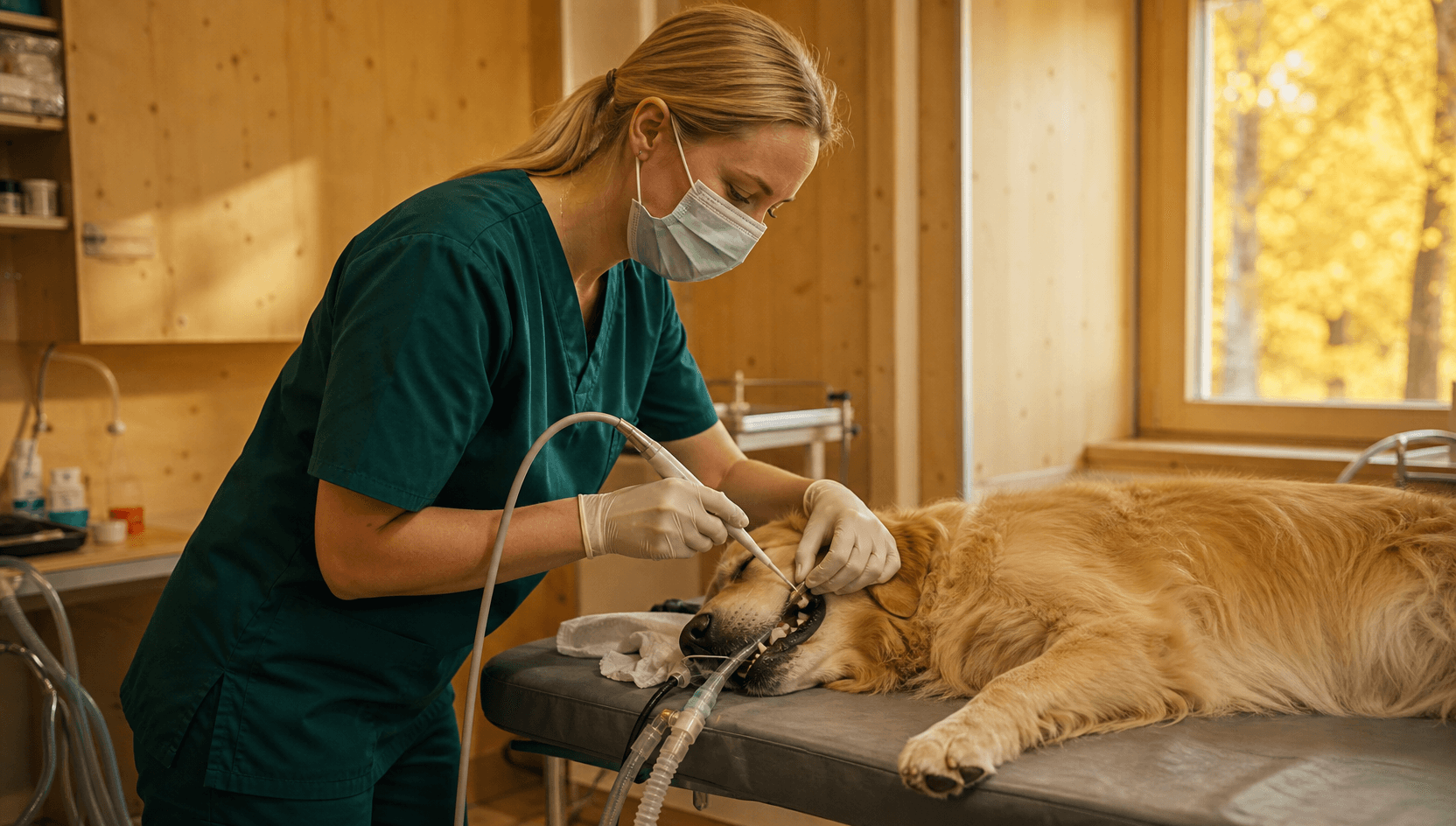 Veterinär i mörkgröna skrubbar och munskydd håller en ultraljudsscaler vid munnen på en sövd golden retriever på tandbordet — narkosslangen syns tydligt.