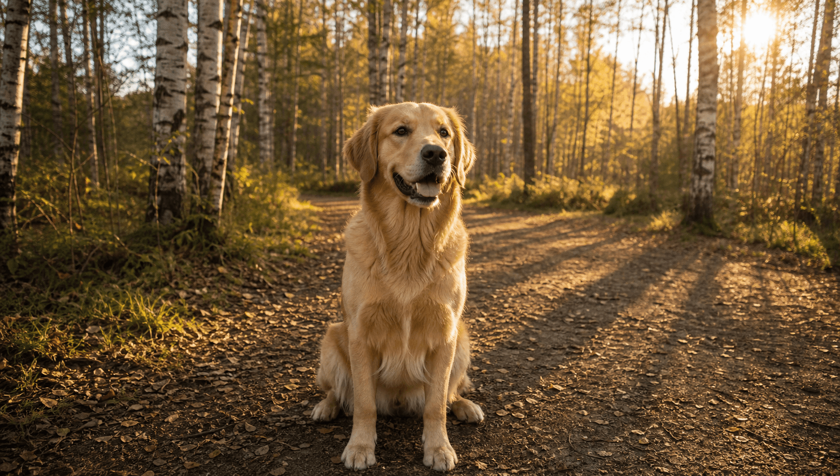 Glad golden retriever sitter ensam på en svensk skogsstig i gyllene timme med munnen lätt öppen i en avslappnad flås — rena vita tänder syns tydligt.