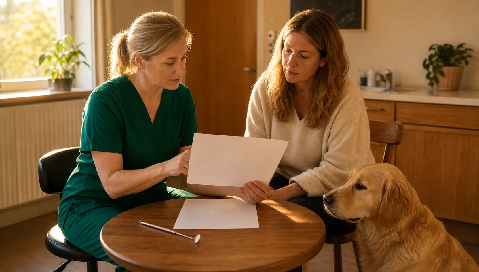 Veterinär i mörkgröna scrubs går igenom pris för tandsten hos hund.