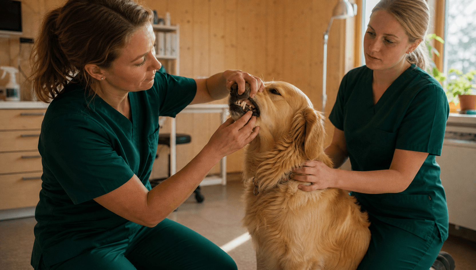 Två veterinärer i mörkgröna skrubbar undersöker tänderna på en lugn golden retriever i en svensk klinik med björkträinredning — den ena lyfter försiktigt läppen.