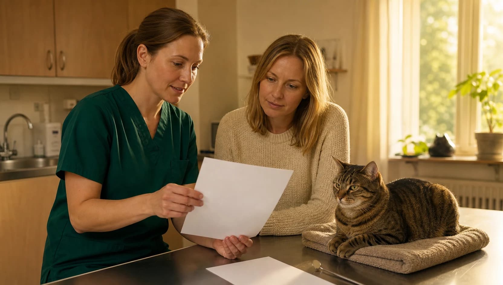 Veterinär i mörkgröna scrubs går igenom pris för tandsten hos katt.