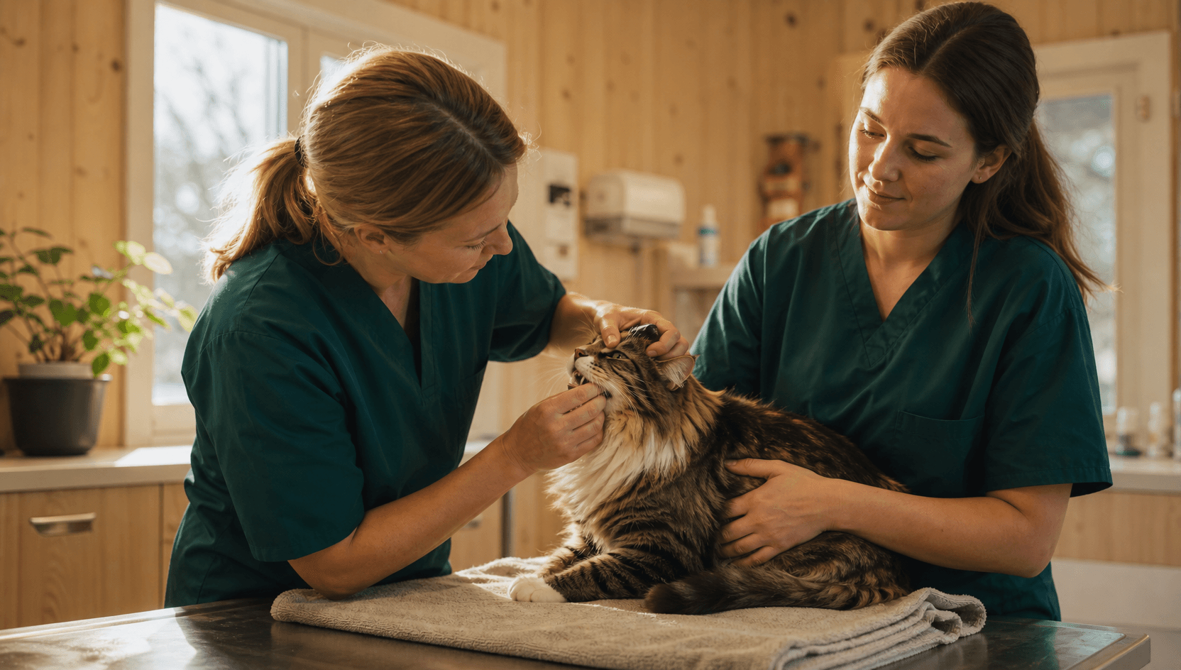Två veterinärer i mörkgröna skrubbar undersöker tänderna på en lugn skogskatt på undersökningsbordet i en svensk klinik med björkträinredning — den ena lyfter försiktigt läppen.