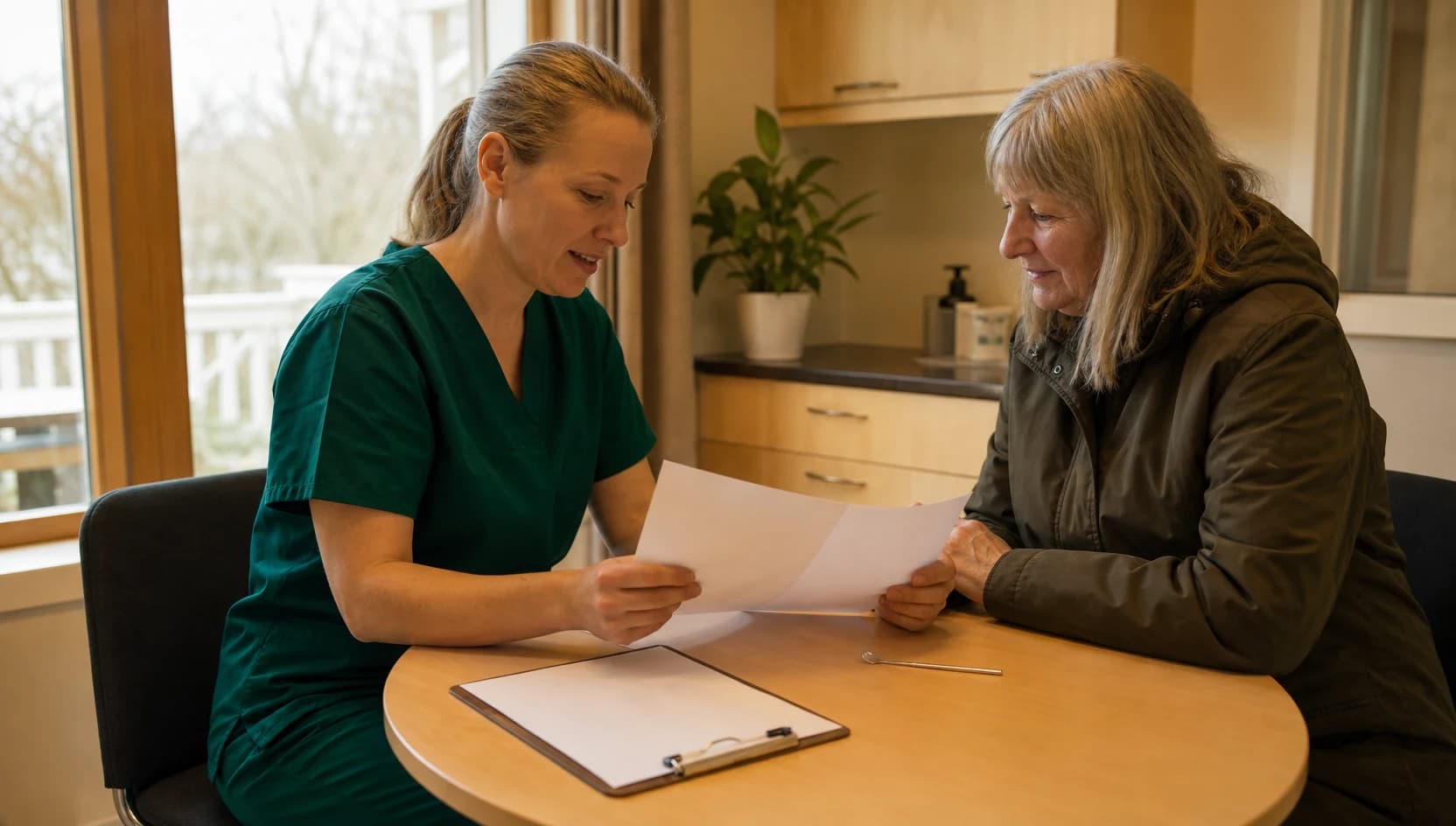 Veterinär i mörkgröna scrubs går igenom tandundersökning och pris inför besök.