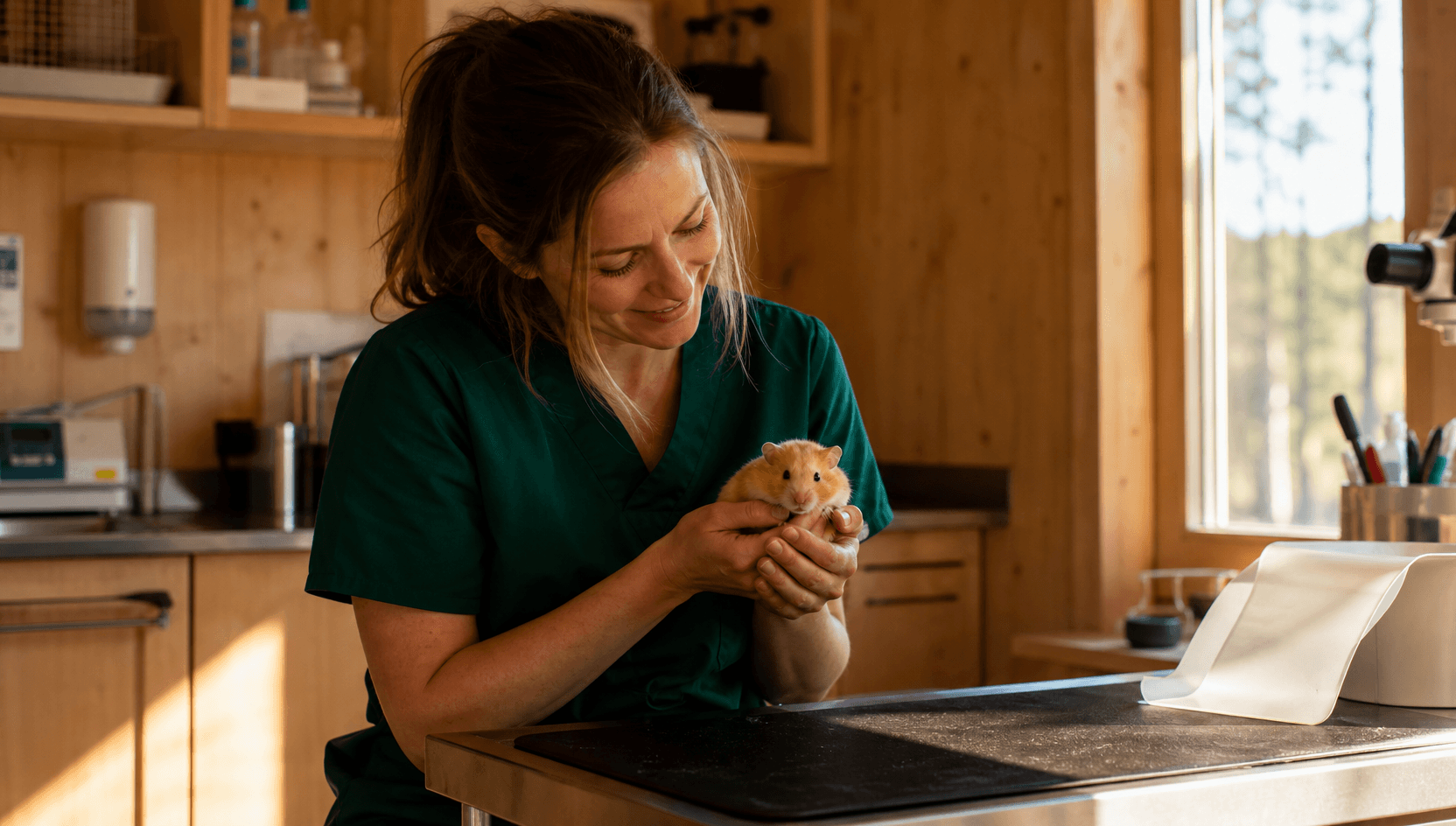 Veterinär i mörkgröna skrubbar sitter vid undersökningsbordet och håller försiktigt en lugn syrisk gyllene hamster i sina kupade händer i en svensk klinik med björkträinredning.