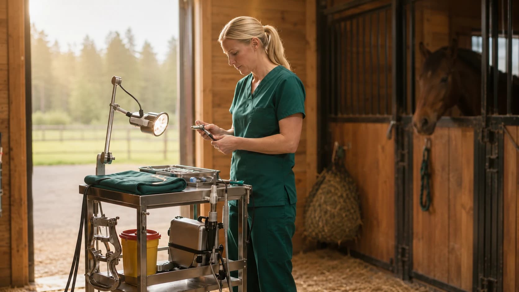 Veterinär förbereder tandinstrument vid mobil tandvårdscart i svenskt stall — häst tittar fram ur boxen