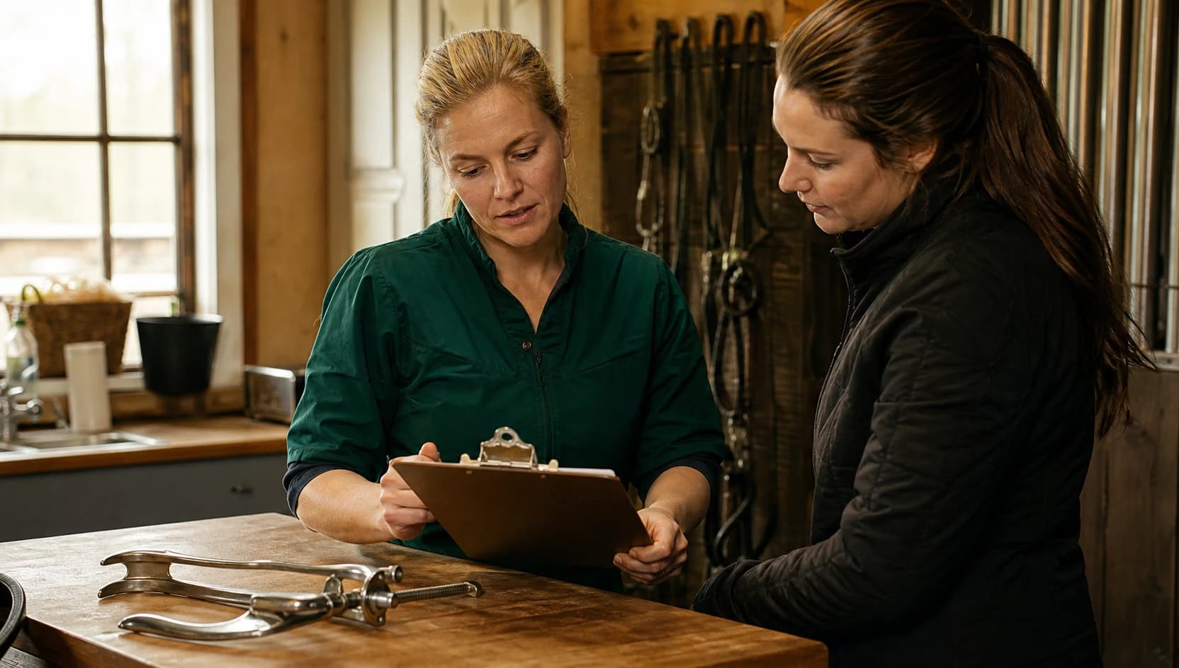 Hästveterinär i mörkgröna scrubs går igenom munhåleundersökning och pris i stall.