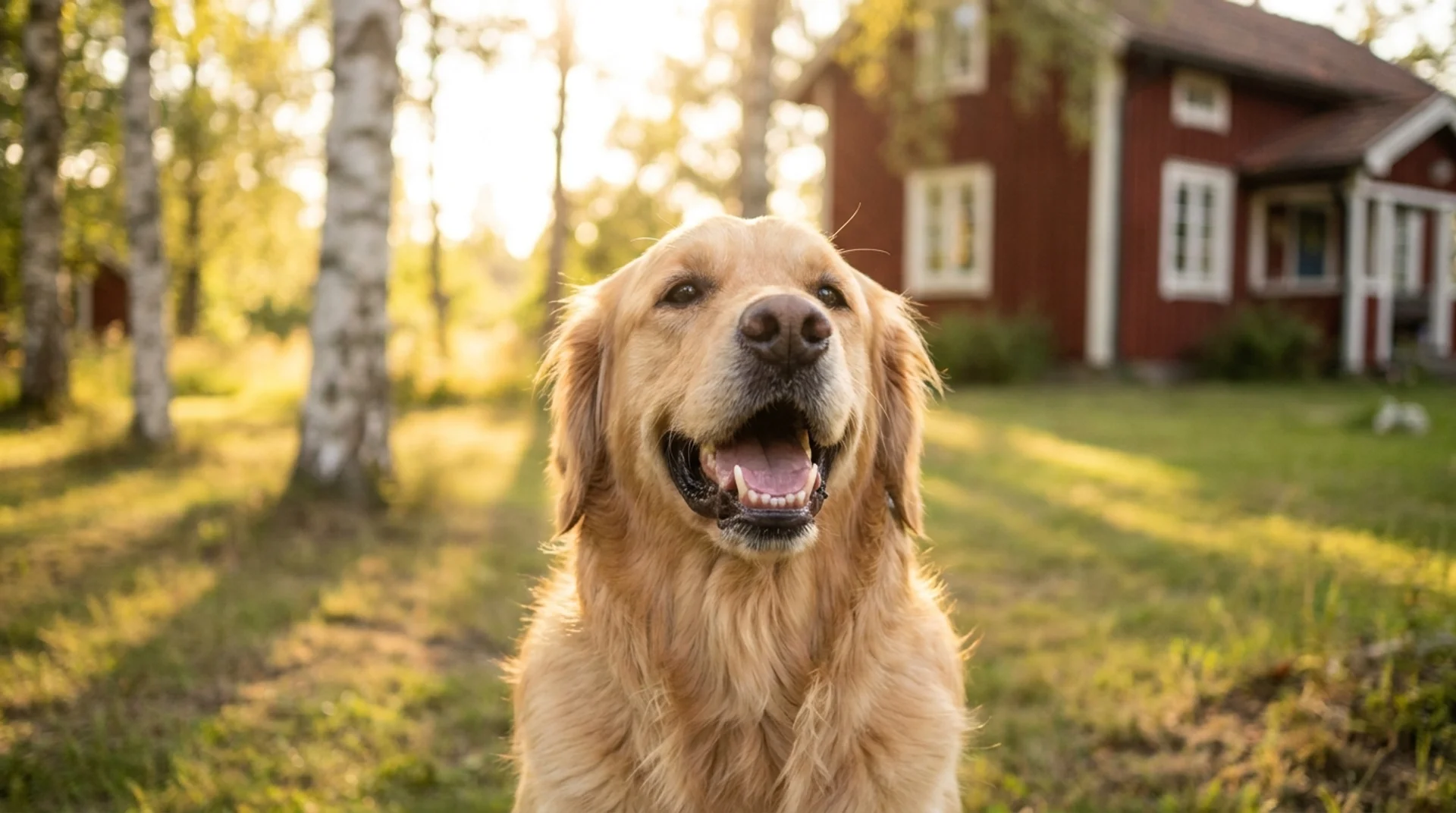 Friska tänder hela livet — glad golden retriever med öppen mun i svensk trädgård