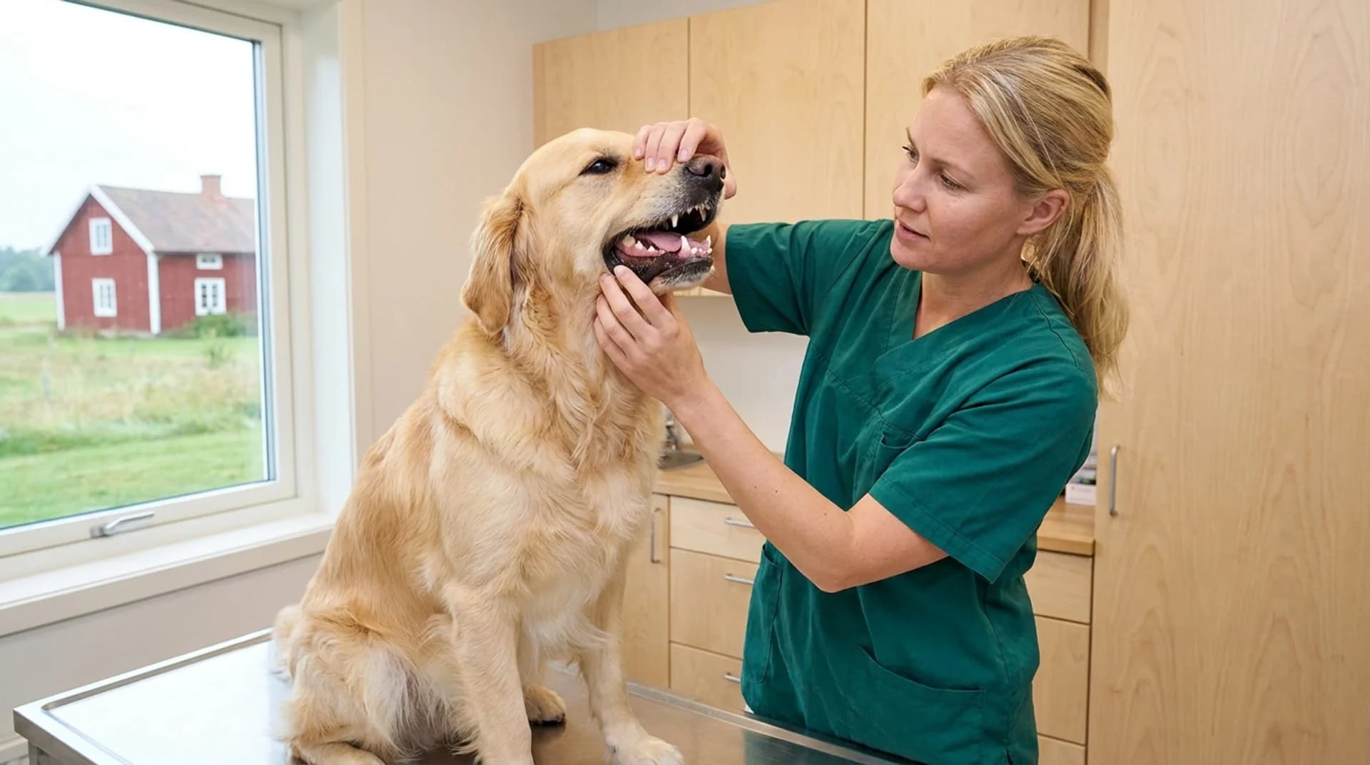 Tandundersökning av golden retriever — veterinär kontrollerar tänder och tandkött på svensk klinik