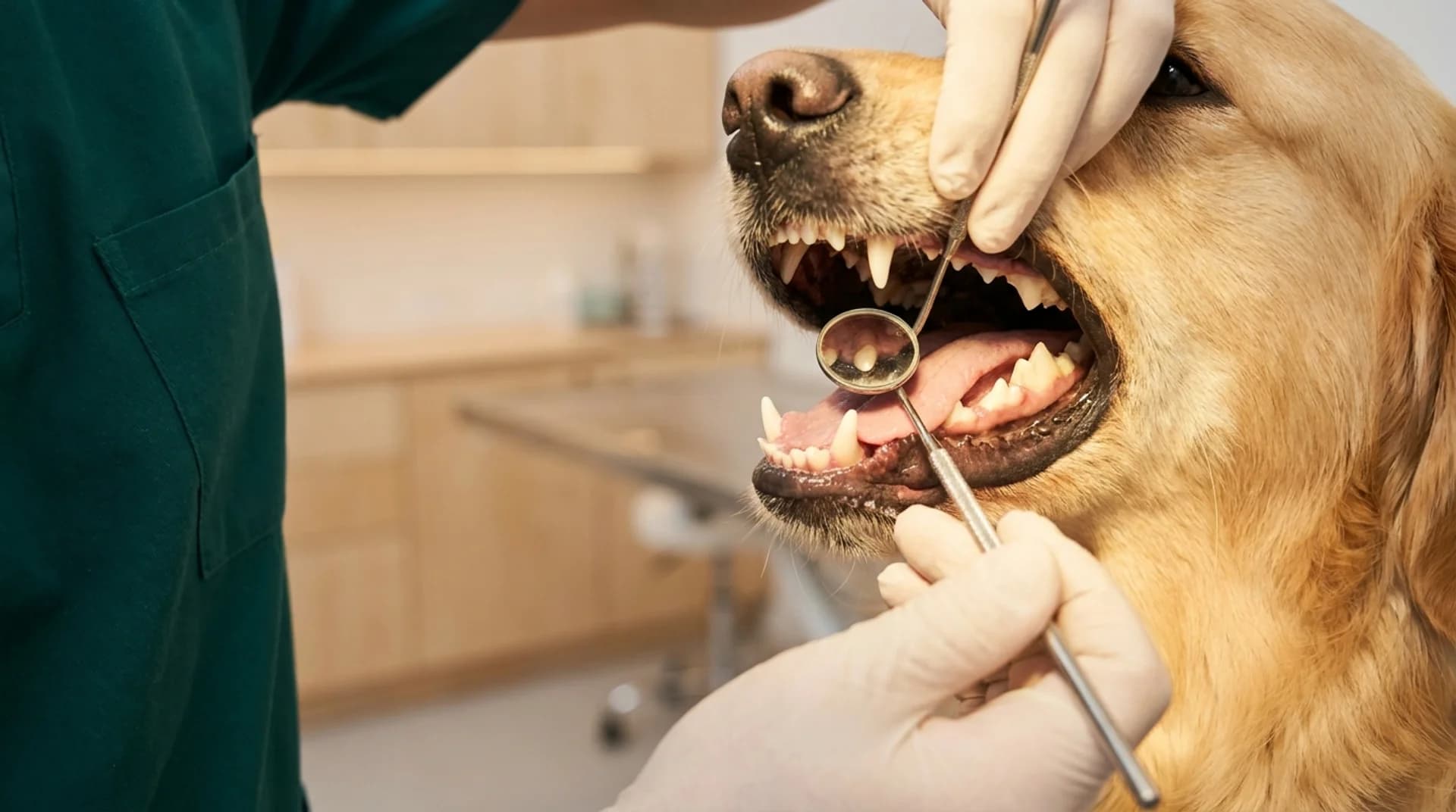 Tandundersökning av hund — närbild med tandspegel visar golden retrievers tänder