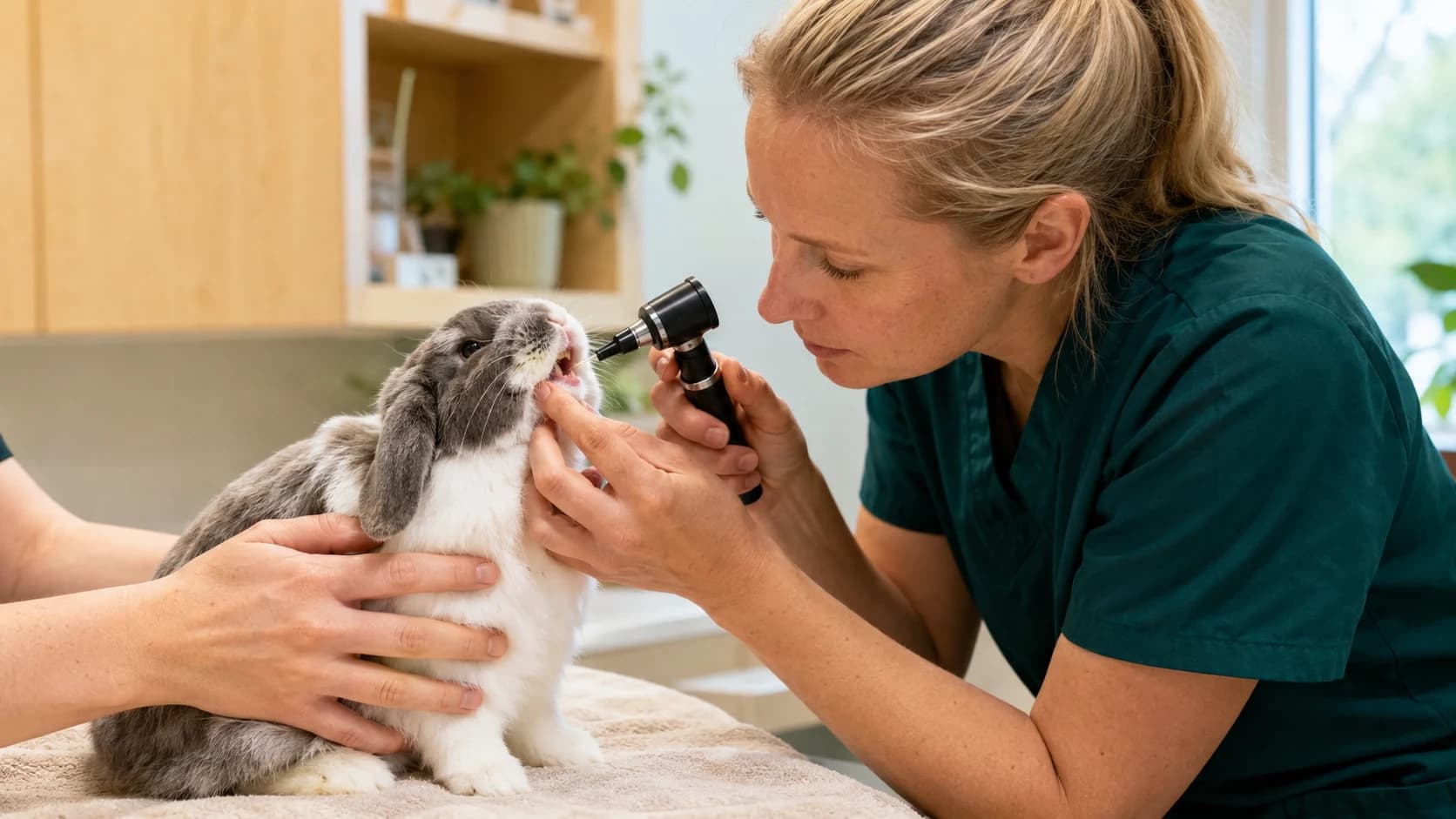 Tandundersökning kanin — veterinär inspekterar bakre kindtänder med otoskop på grå-vit lop-örad dvärgkanin