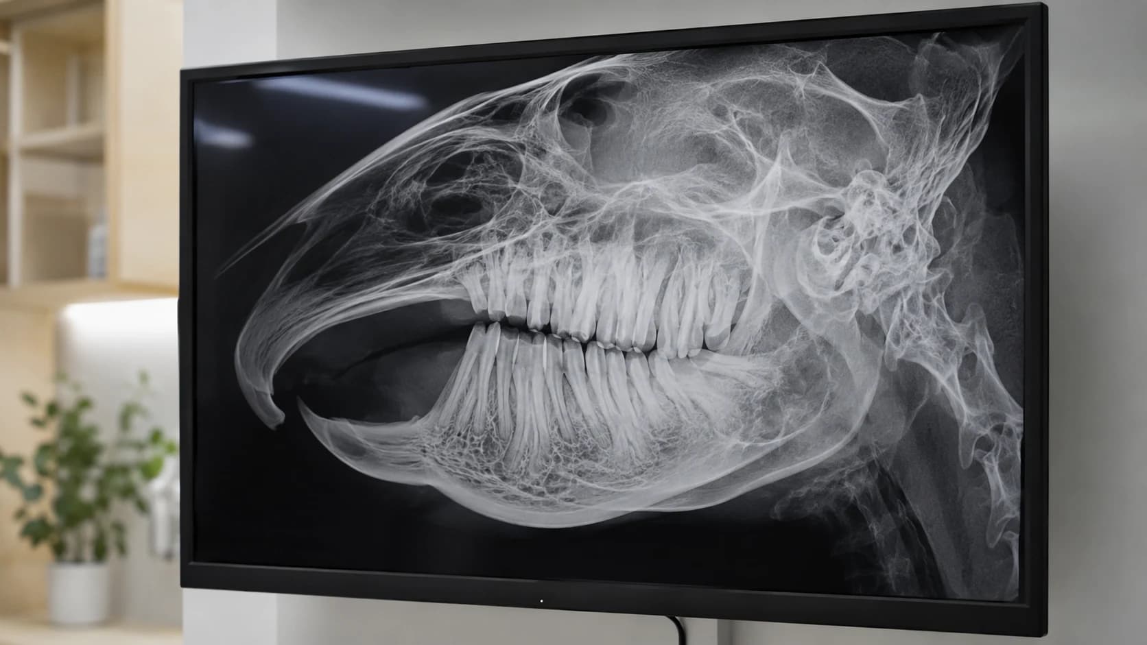 Röntgenbild av kanins käke visar förlängda kindtandsrötter — en sen och svår diagnos