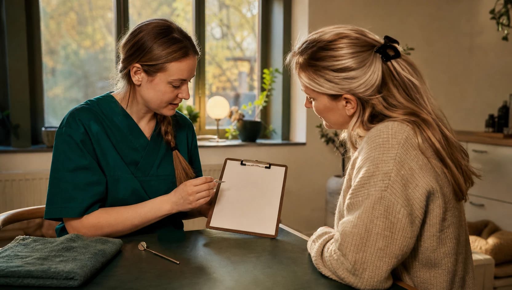 Veterinär i mörkgröna scrubs förklarar kaninens tandundersökning och pris.