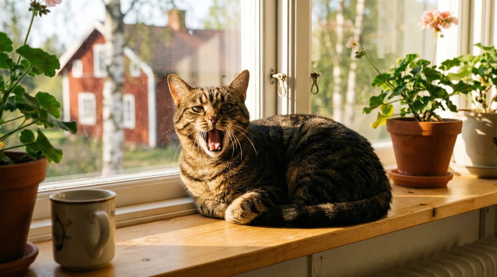 Friska tänder hos katt — tabby gäspar och visar vita tänder vid fönster med röd stuga