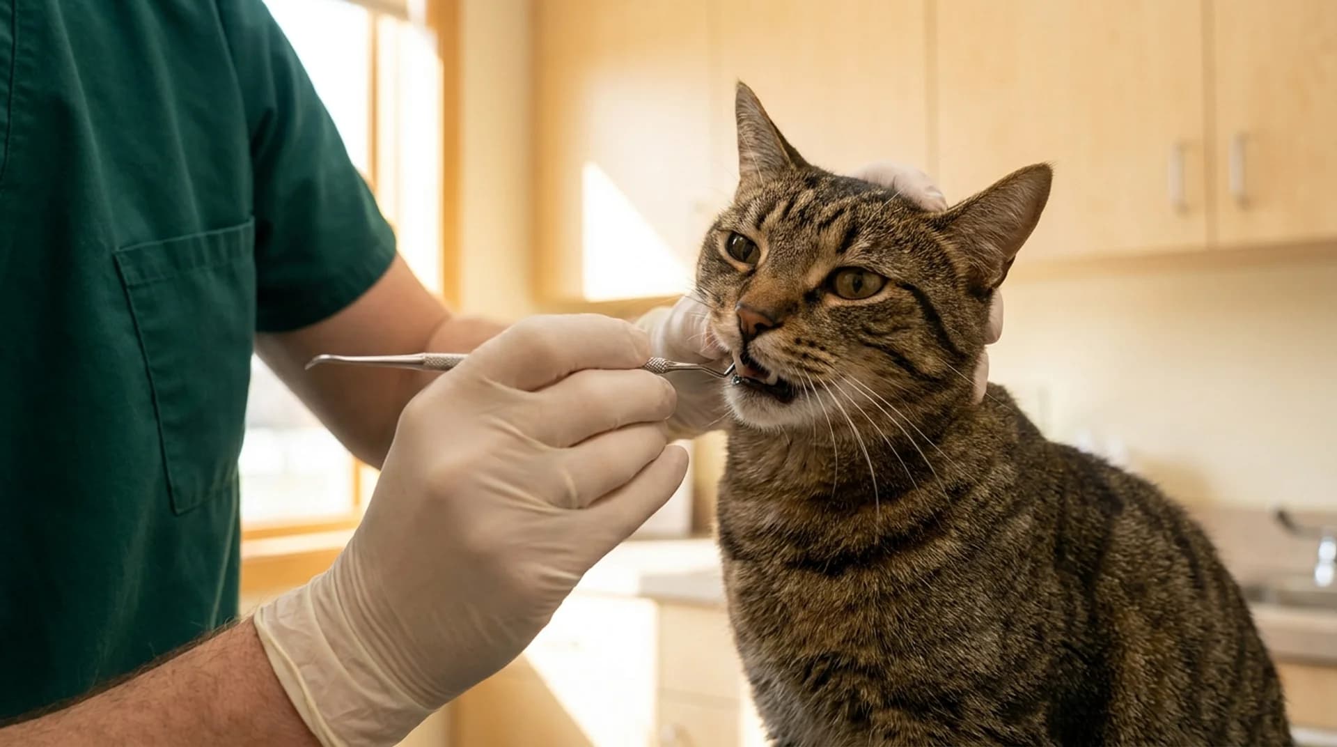 Tandundersökning av tabby-katt — veterinär undersöker tänderna med tandprob på svensk klinik