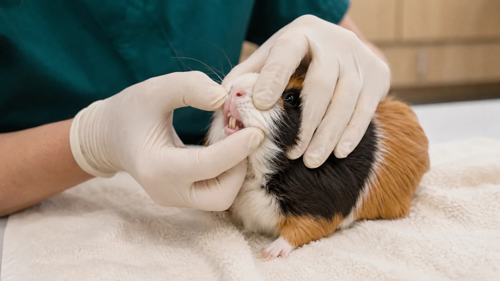 Närbild på vaket tricolor-marsvins framtänder — veterinärens behandskade händer drar tillbaka läpparna för att kontrollera bett och slitage