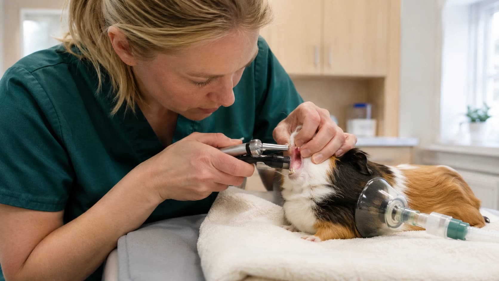 Tandundersökning marsvin — veterinär inspekterar kindtänder med otoskop på sövd tricolor-marsvin