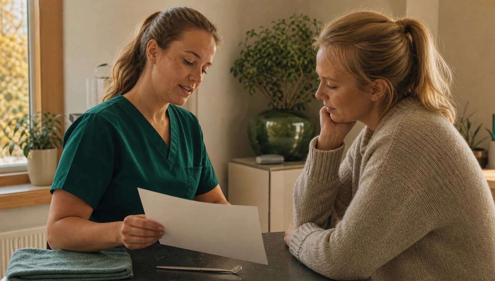 Veterinär i mörkgröna scrubs förklarar marsvinets tandundersökning och pris.
