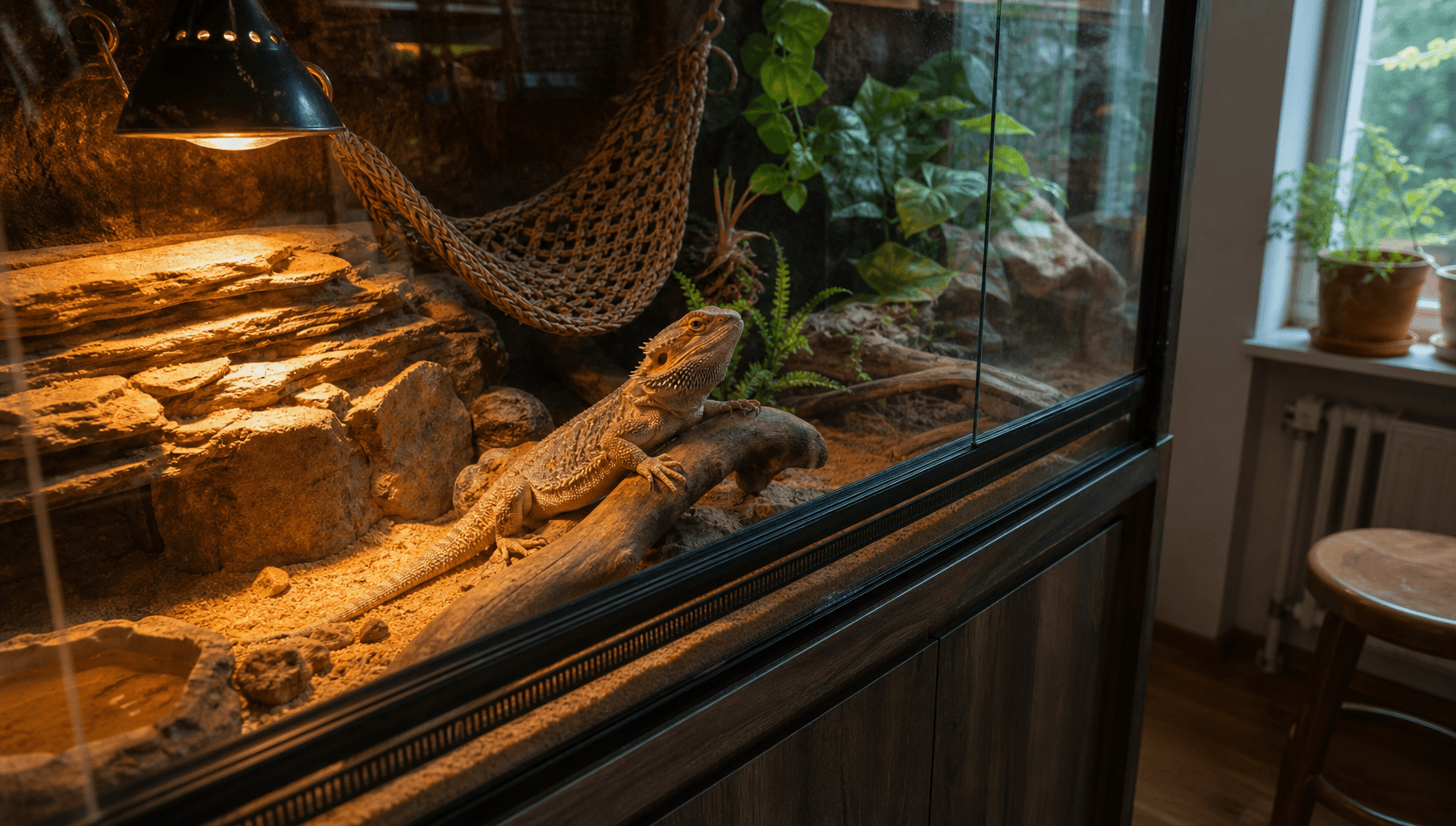 Bredbild på en välinredd terrarium i ett svenskt hem — en lugn skäggagam basker på en böjd träkvist under en varm lampa, terrariet har en het stenig basking-sida och en svalare planterad sida med hängmatta och vattenskål.