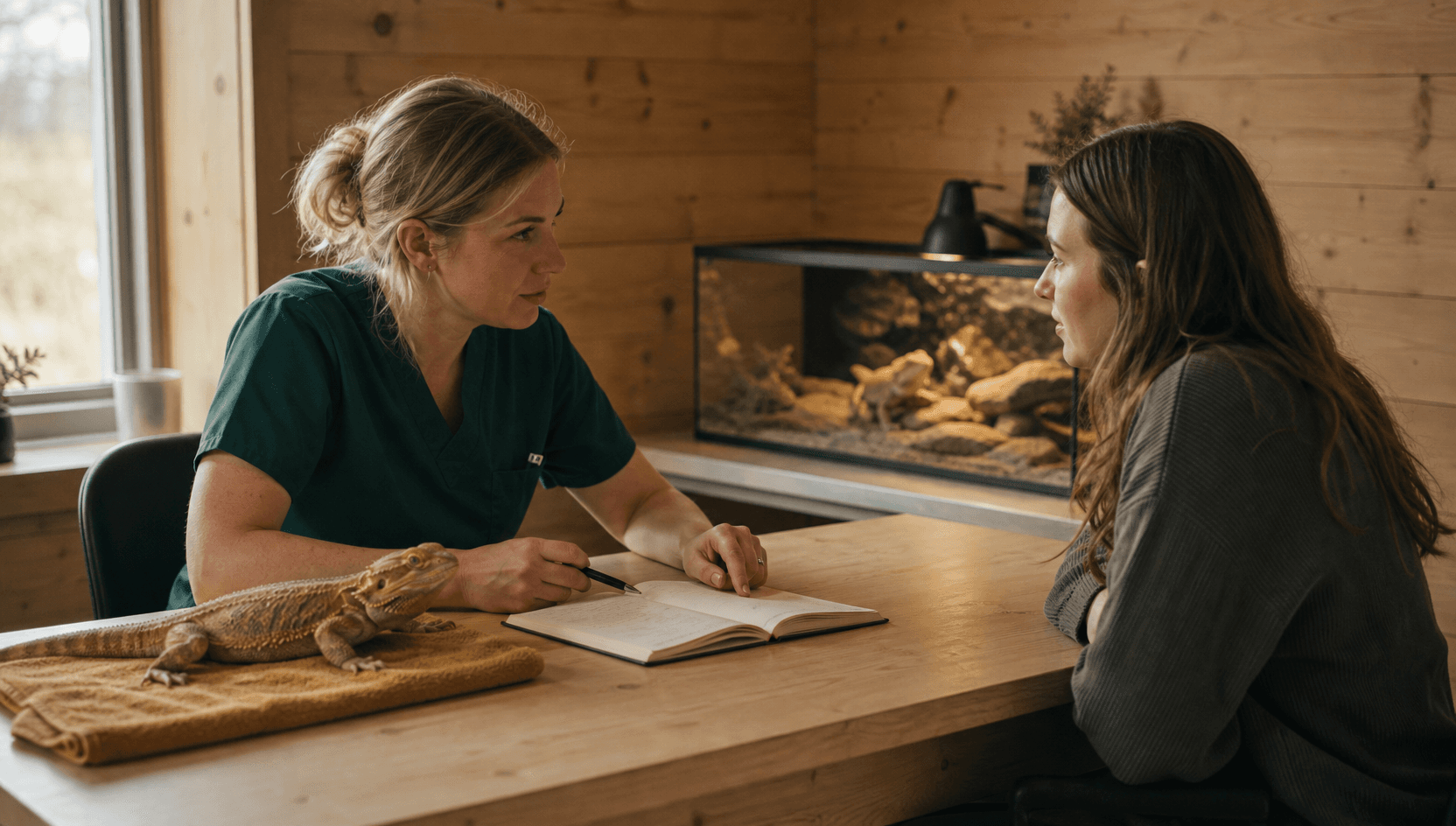 Veterinär i mörkgröna skrubbar pratar lugnt igenom terrariets inredning med en reptilägare vid ett björkträsskrivbord; en lugn skäggagam vilar på en mjuk handduk bredvid anteckningsboken.