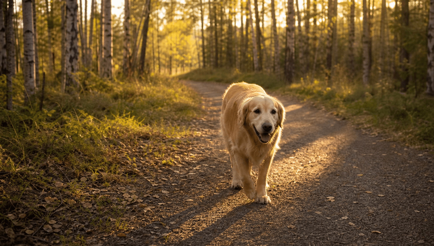 Glad golden retriever promenerar lugnt på en svensk skogsstig i gyllene timme — snabb återhämtning är titthålskirurgins största fördel.