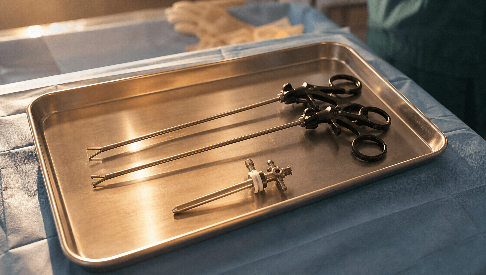Närbild på en steril stålbricka med tre långa smala laparoskopiska instrument och en metalltrokar med ventil på sterilt blått draperi.