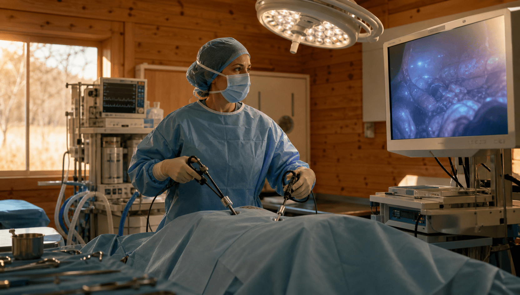 Veterinär-kirurg arbetar med laparoskopiska instrument vid ett helt täckt sterilt blått draperi i en svensk operationssal — bilden från titthålskameran syns på en stor monitor till höger.
