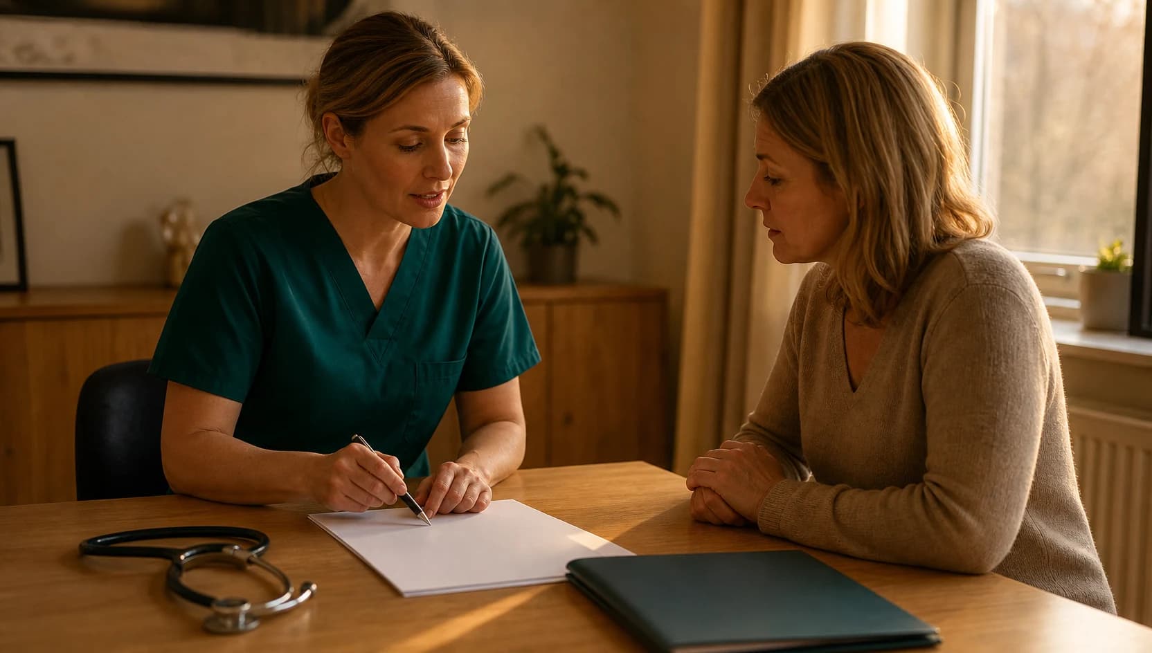 Veterinär i mörkgröna scrubs går igenom prisplan för tumörbehandling.