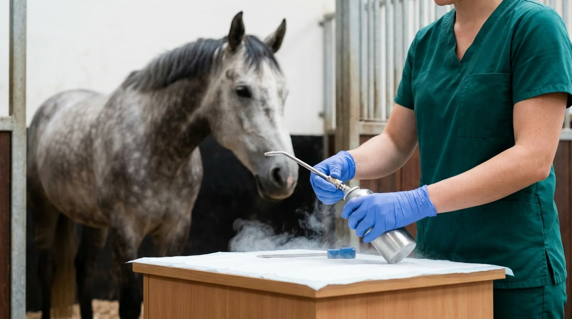 Veterinär förbereder kryoterapi med flytande kväve inför behandling av häst