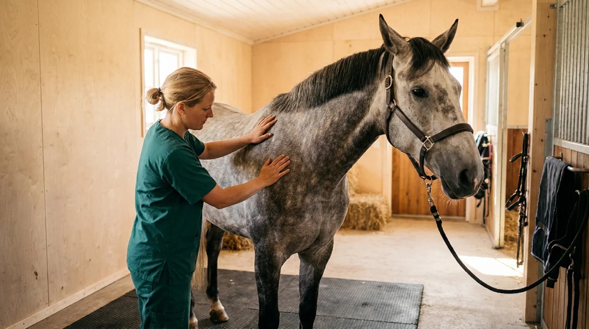 Veterinär palperar gråhäst under rutinmässig hudundersökning i stall
