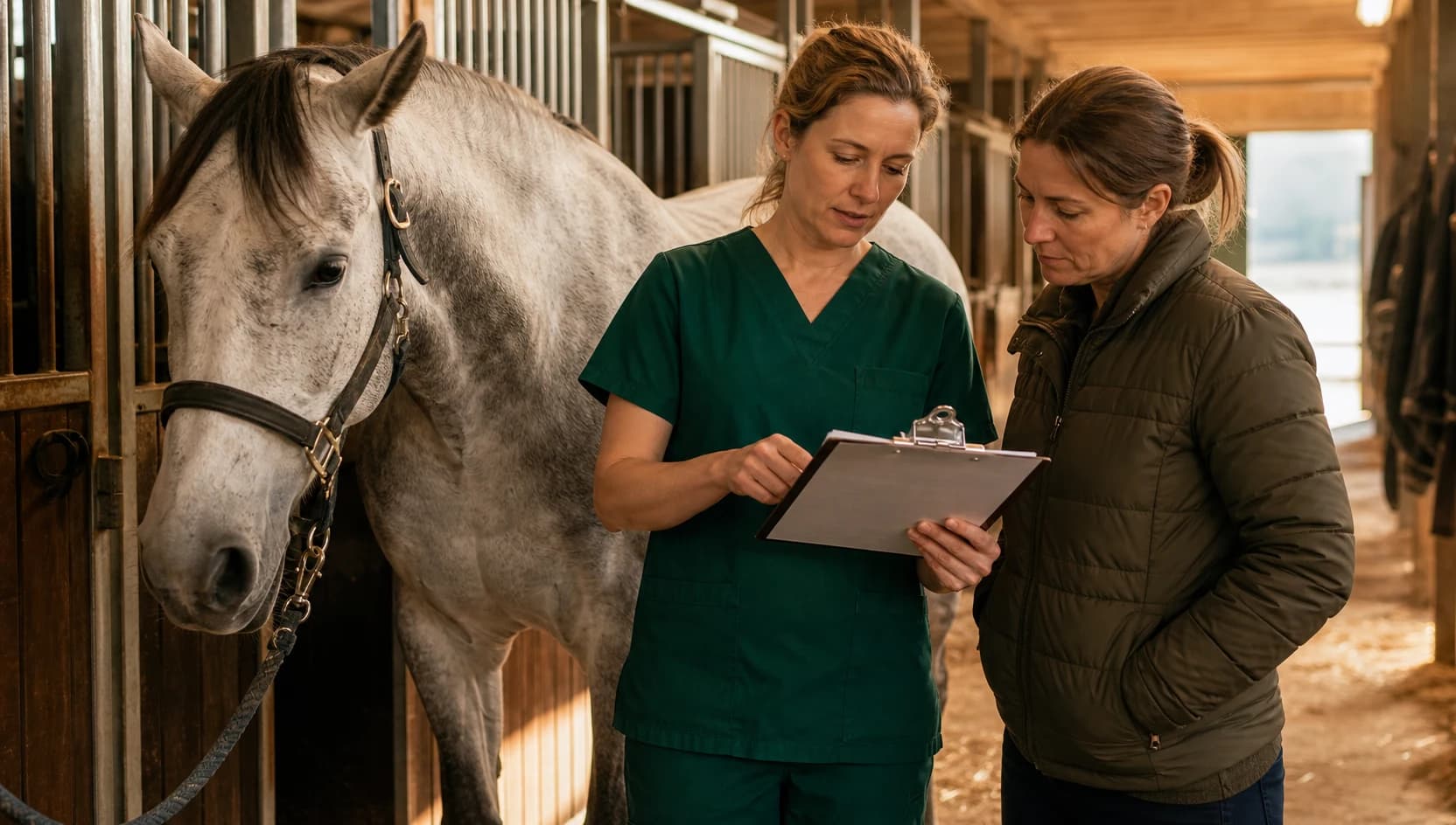 Veterinär i mörkgröna scrubs går igenom kostnadsförslag för tumörbehandling av häst.