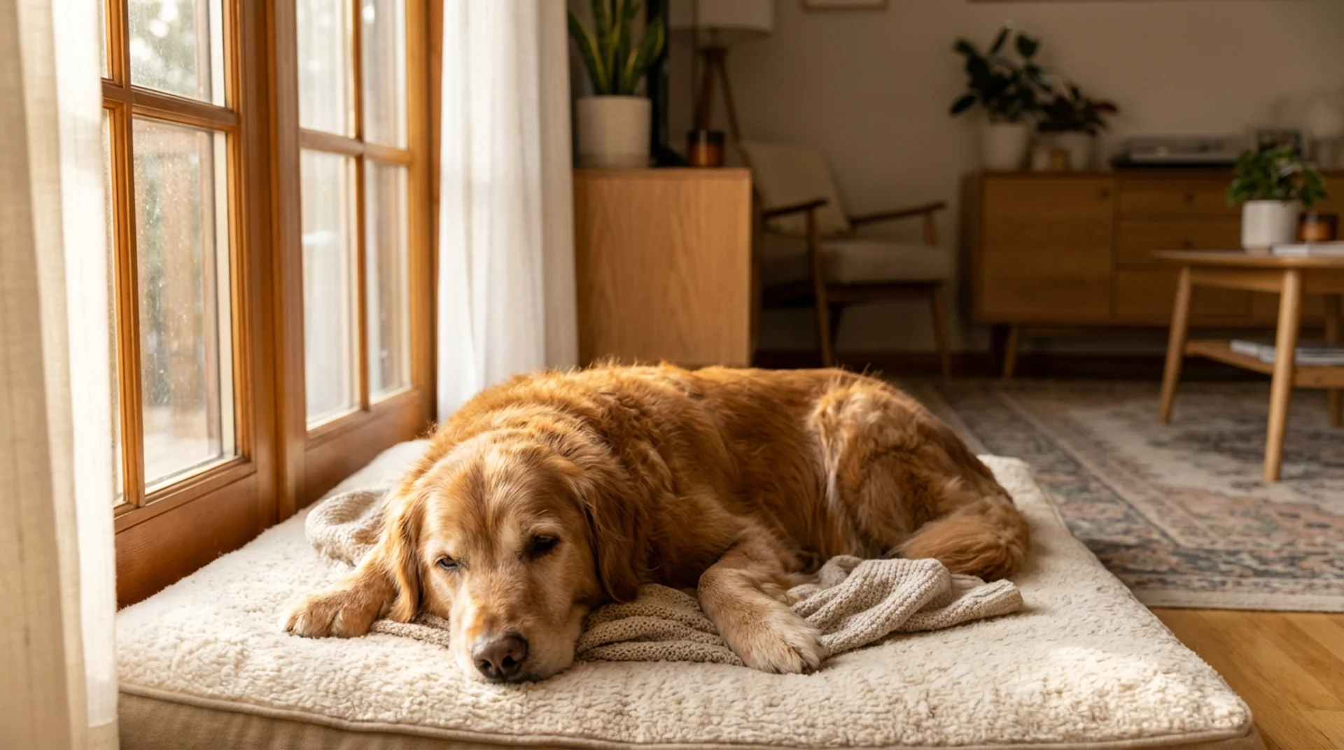 Äldre golden retriever vilar i lugn hemmamiljö under tumörbehandling
