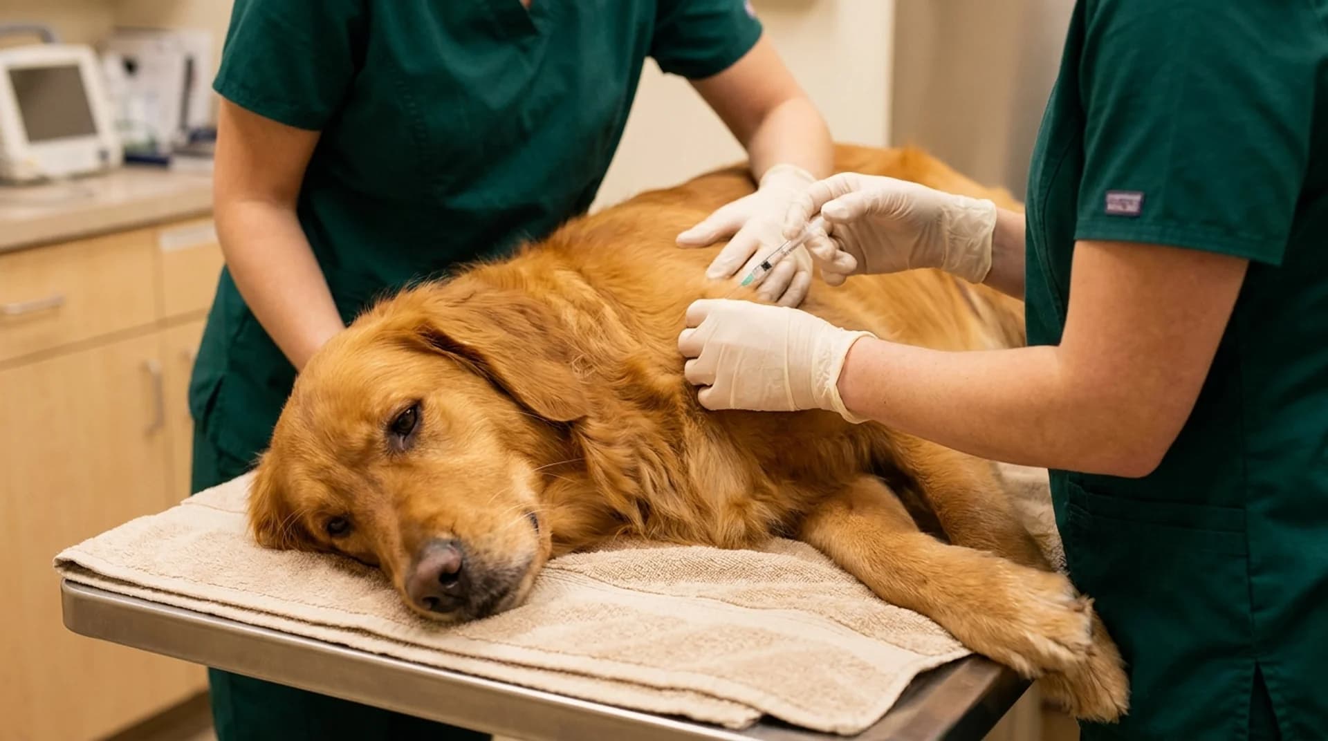 Veterinär utför finnålsaspiration på golden retriever som vilar lugnt på handduk