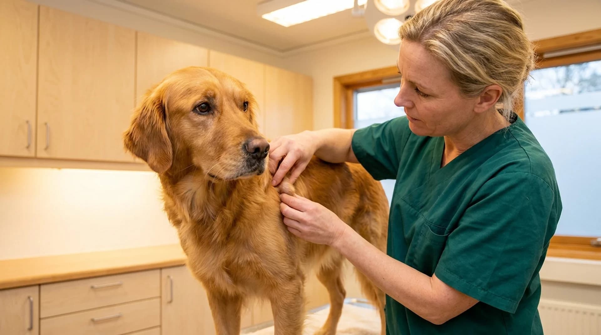 Veterinär undersöker golden retrievers hudknöl under tumörutredning