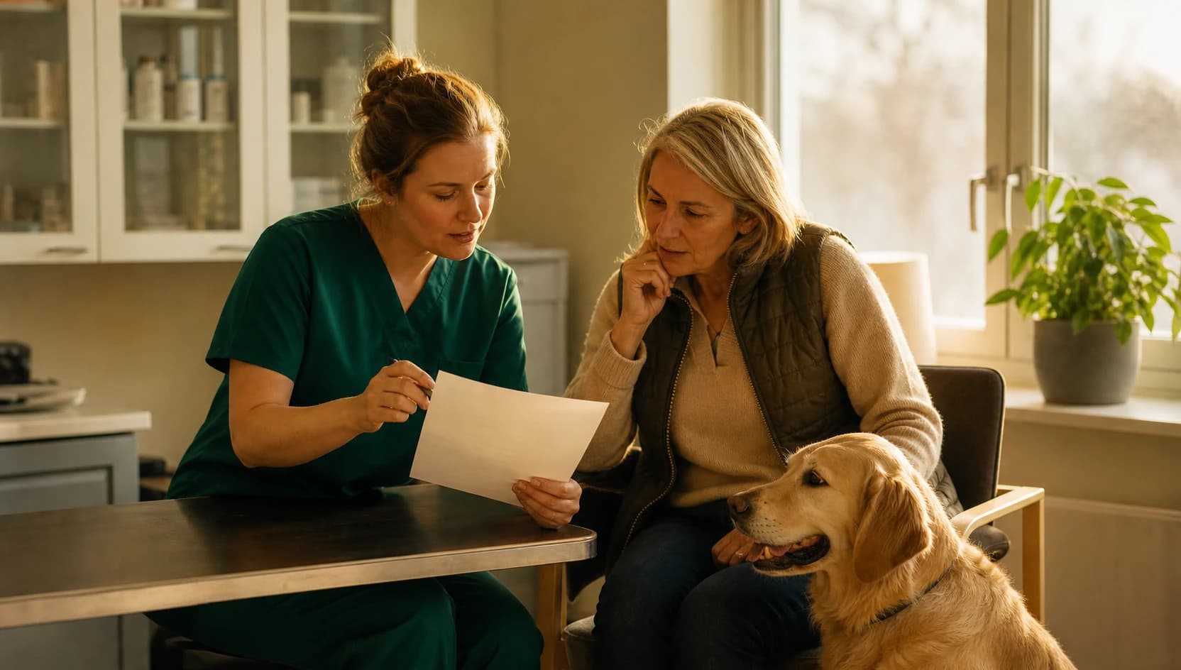 Veterinär i mörkgröna scrubs går igenom prisplan för tumörbehandling av hund.