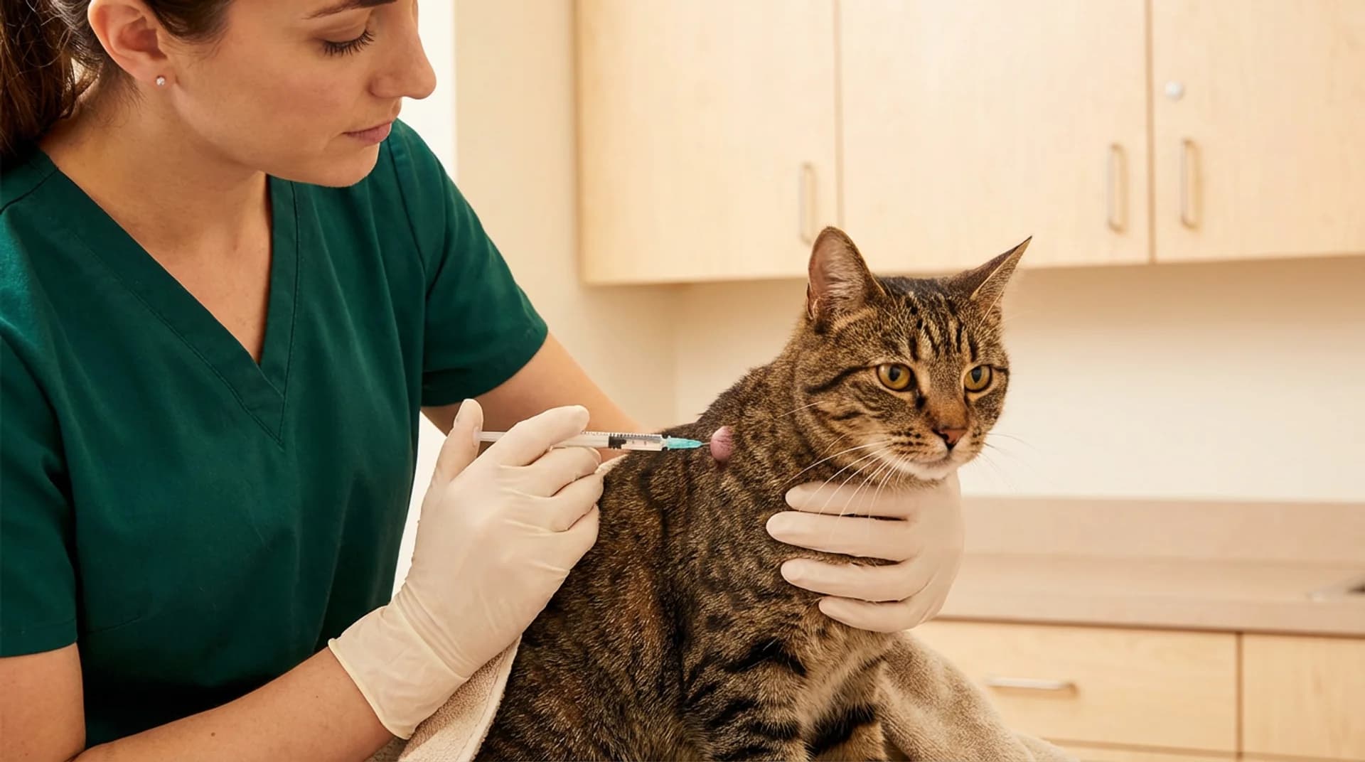 Veterinär utför finnålsaspiration på synlig hudknöl hos tabbykat