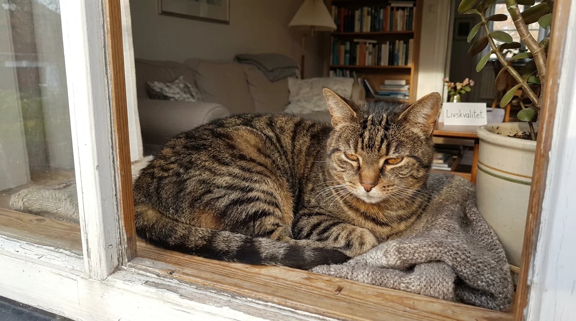 Äldre tabbykat vilar i fönster i svenskt hem under tumörbehandling