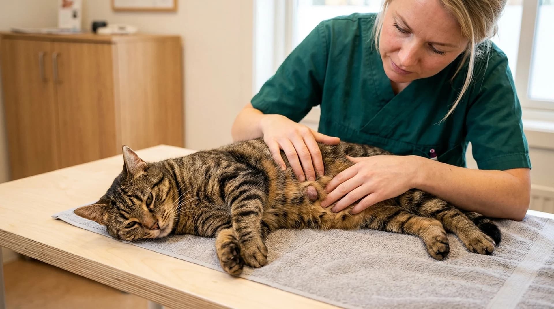 Veterinär palperar tabbykat i sidan under tumörutredning