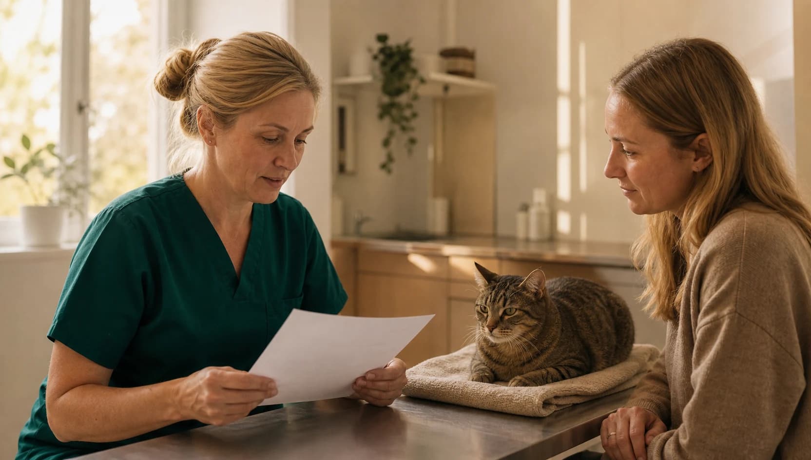 Veterinär i mörkgröna scrubs går igenom prisplan för tumörbehandling av katt.