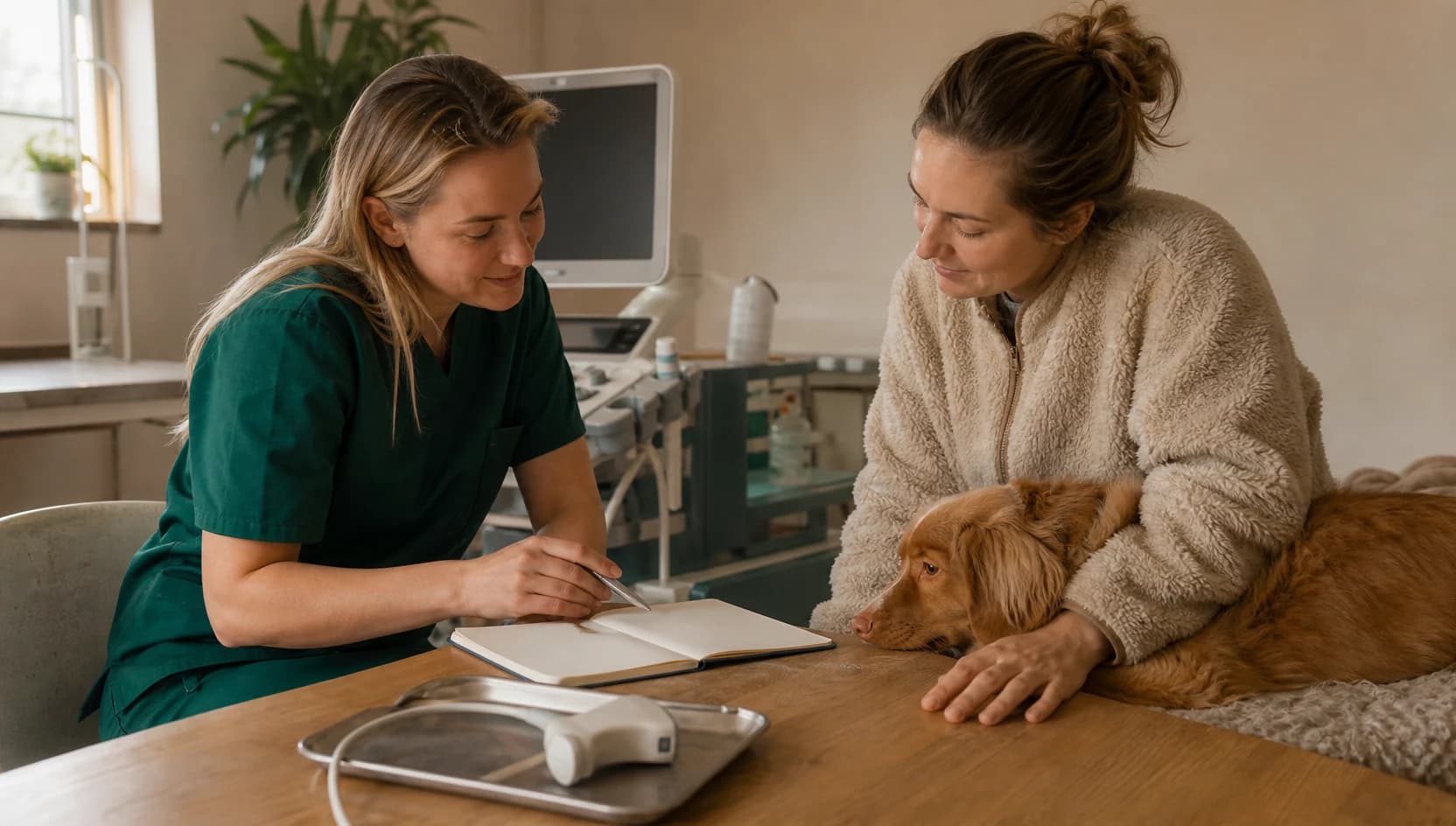 Veterinär i mörkgröna scrubs går igenom pris för ultraljud med djurägare.