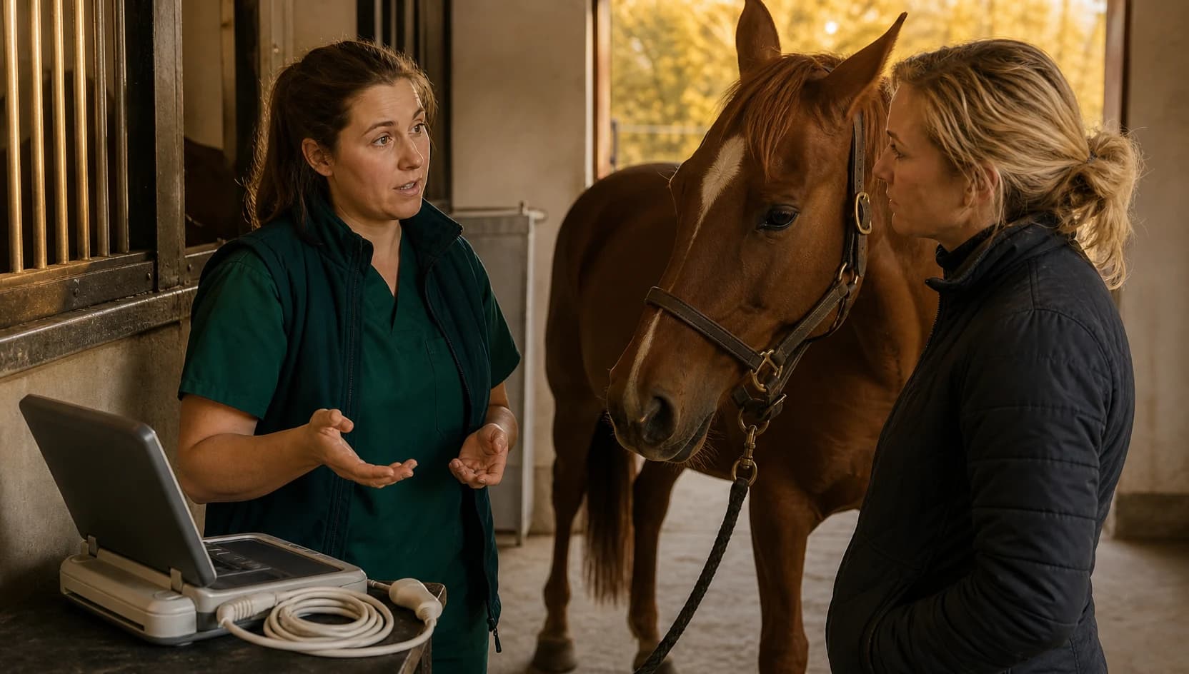 Hästveterinär i mörkgröna scrubs diskuterar pris för ultraljud i stallgång.