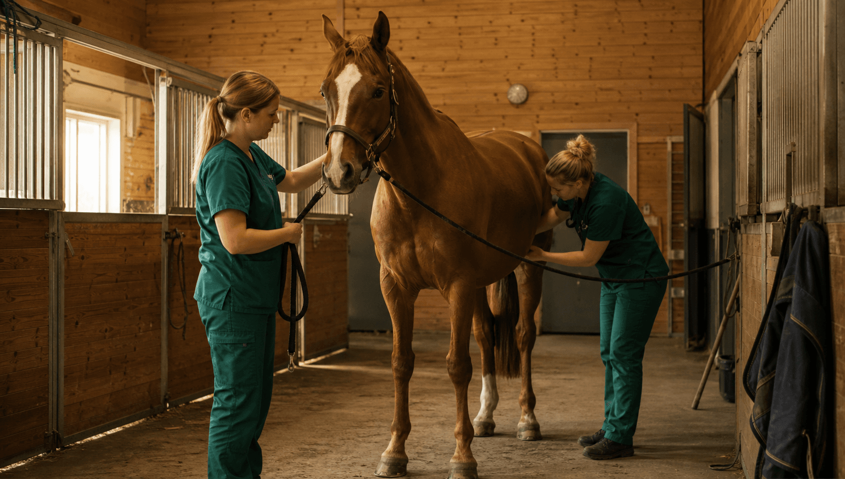 Hästveterinär i mörkgröna scrubs undersöker lugn häst med ultraljud i stallgång.