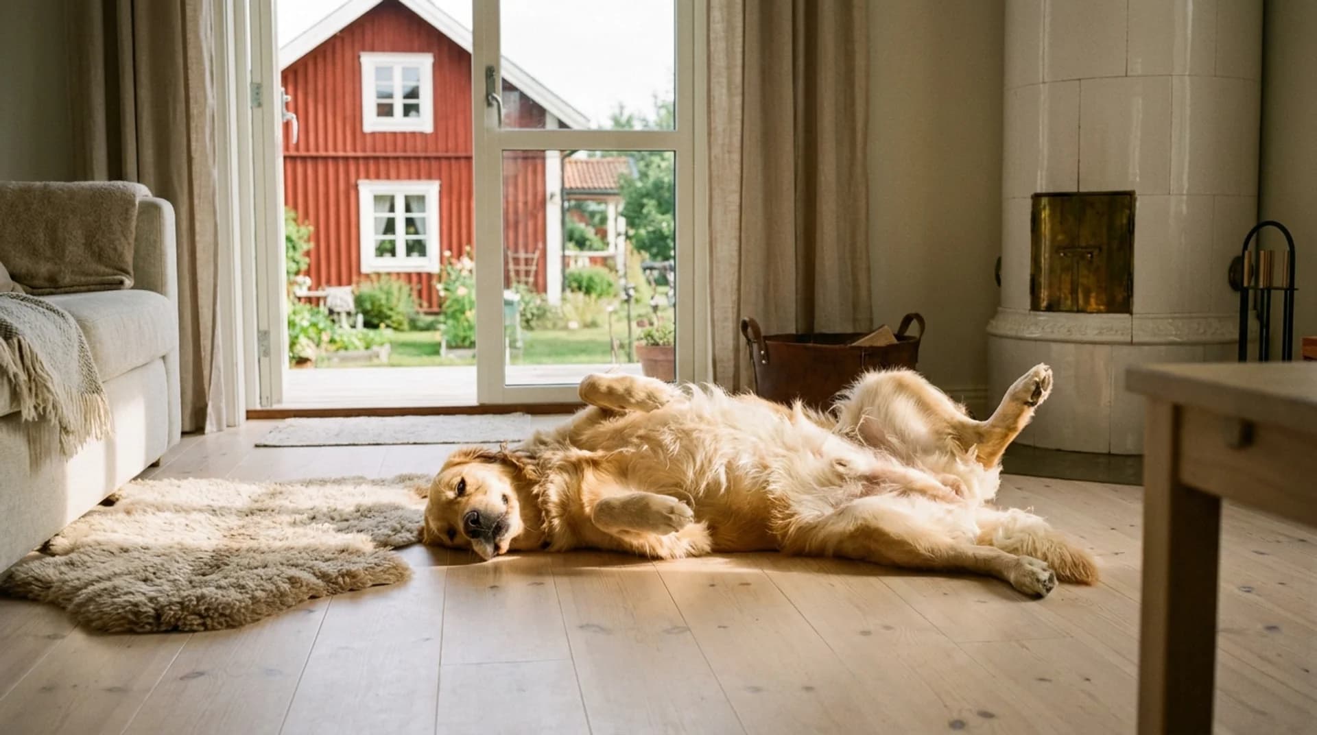Trygg och undersökt — hund vilar avslappnat på rygg i svenskt vardagsrum