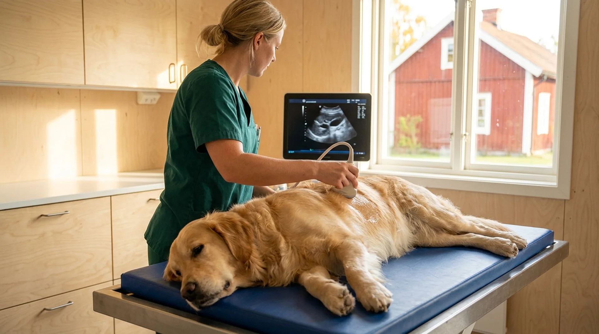 Ultraljud av djur — veterinär för proben över hundens buk med ultraljudsbild på skärmen