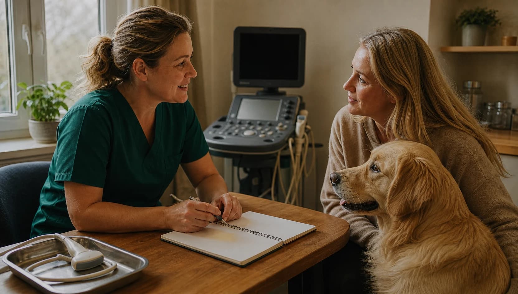 Veterinär i mörkgröna scrubs samtalar med hundägare om pris för ultraljud.