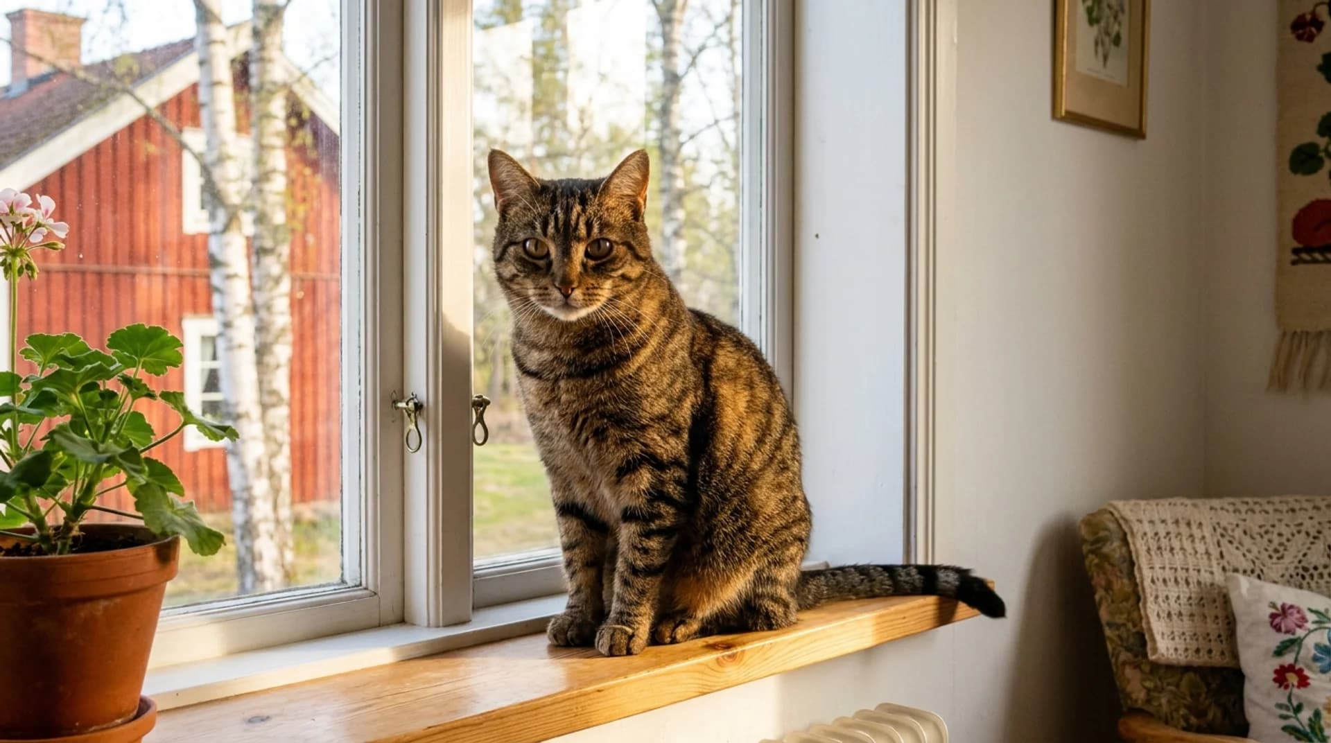 Undersökt och frisk — tabby-katt sitter alert på fönsterbräda med röd stuga utanför