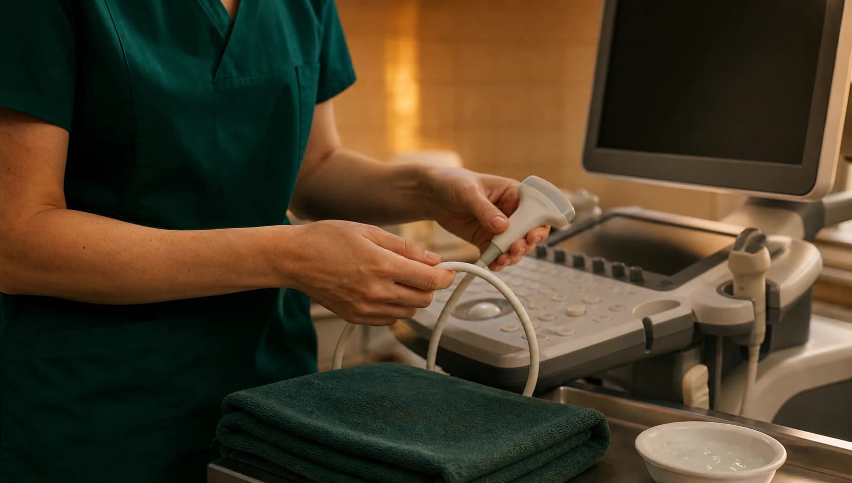 Veterinär i mörkgröna scrubs förbereder hjärtultraljudsutrustning.