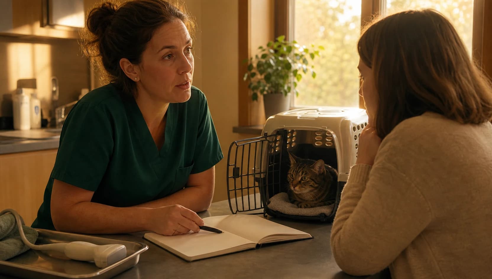 Veterinär i mörkgröna scrubs samtalar med kattägare om pris för ultraljud.
